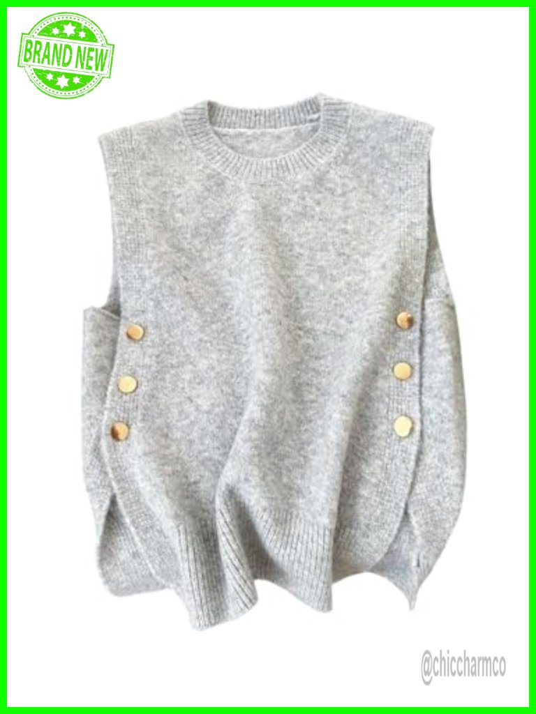 Sweater Vest Button Side Sleeveless Crew Neck Casual Knit Tank Top